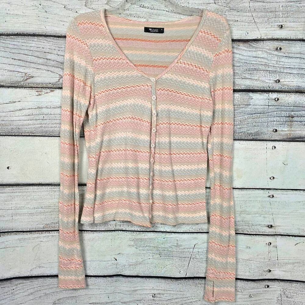 Michael Lauren M Chevron Stripe Button Front Long Sleeve